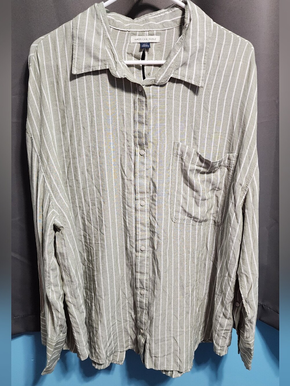 AE Coastal Striped Button Up Long Sleeve Shirt Cutout Tie Back Size Large